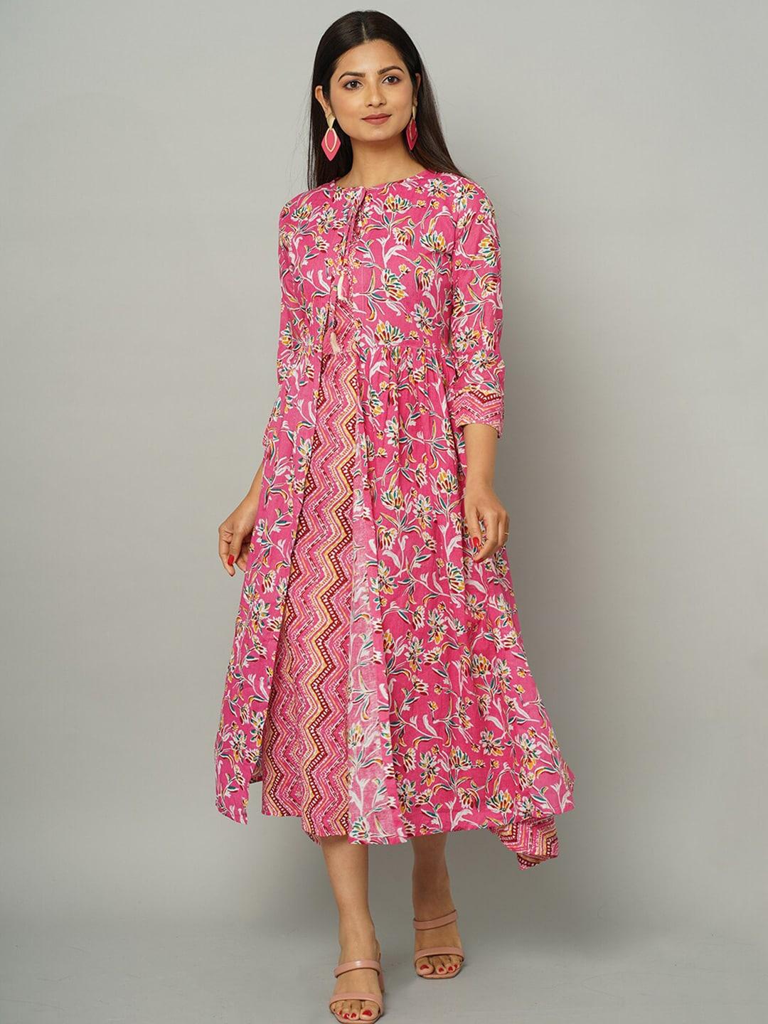 nayra chevron printed sleeveless a-line midi cotton dress with jacket