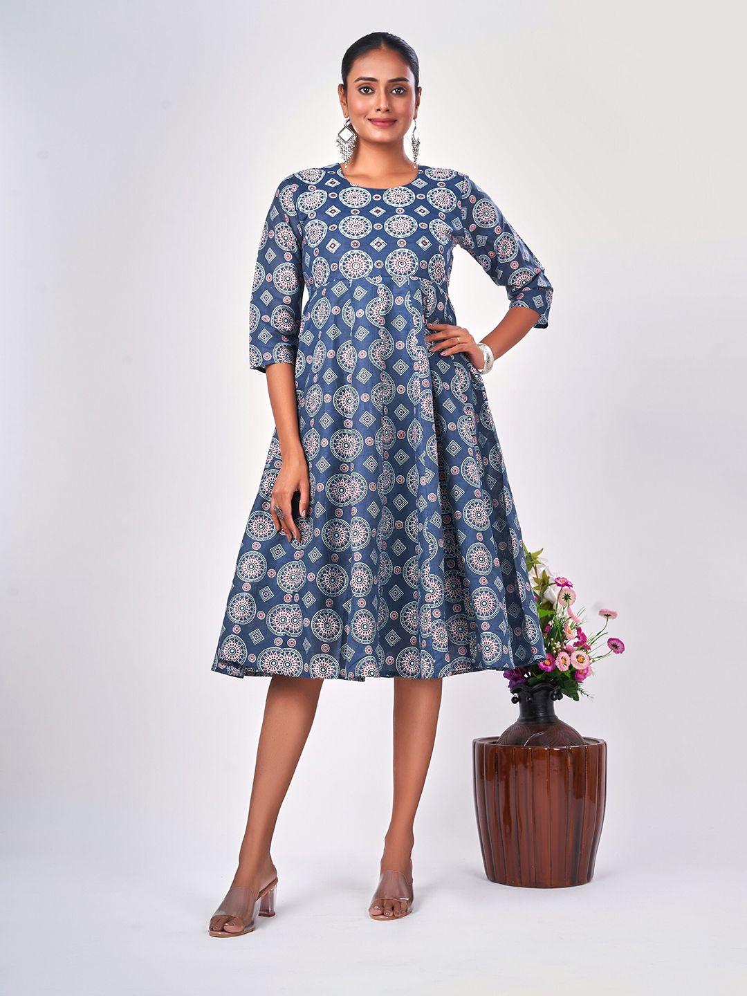 nayra ethnic motifs printed silk a-line ethnic midi dress