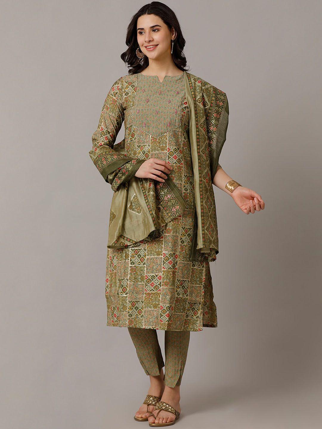 nayra ethnic motifs printed thread work kurta with trousers & dupatta