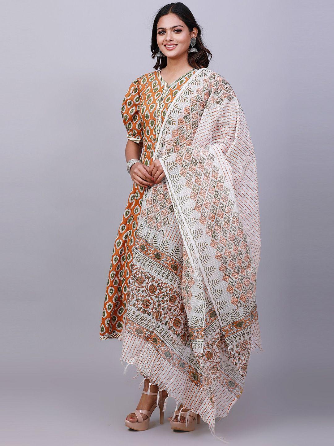 nayra ethnic motifs printed v neck pure cotton kurta with trousers & dupatta