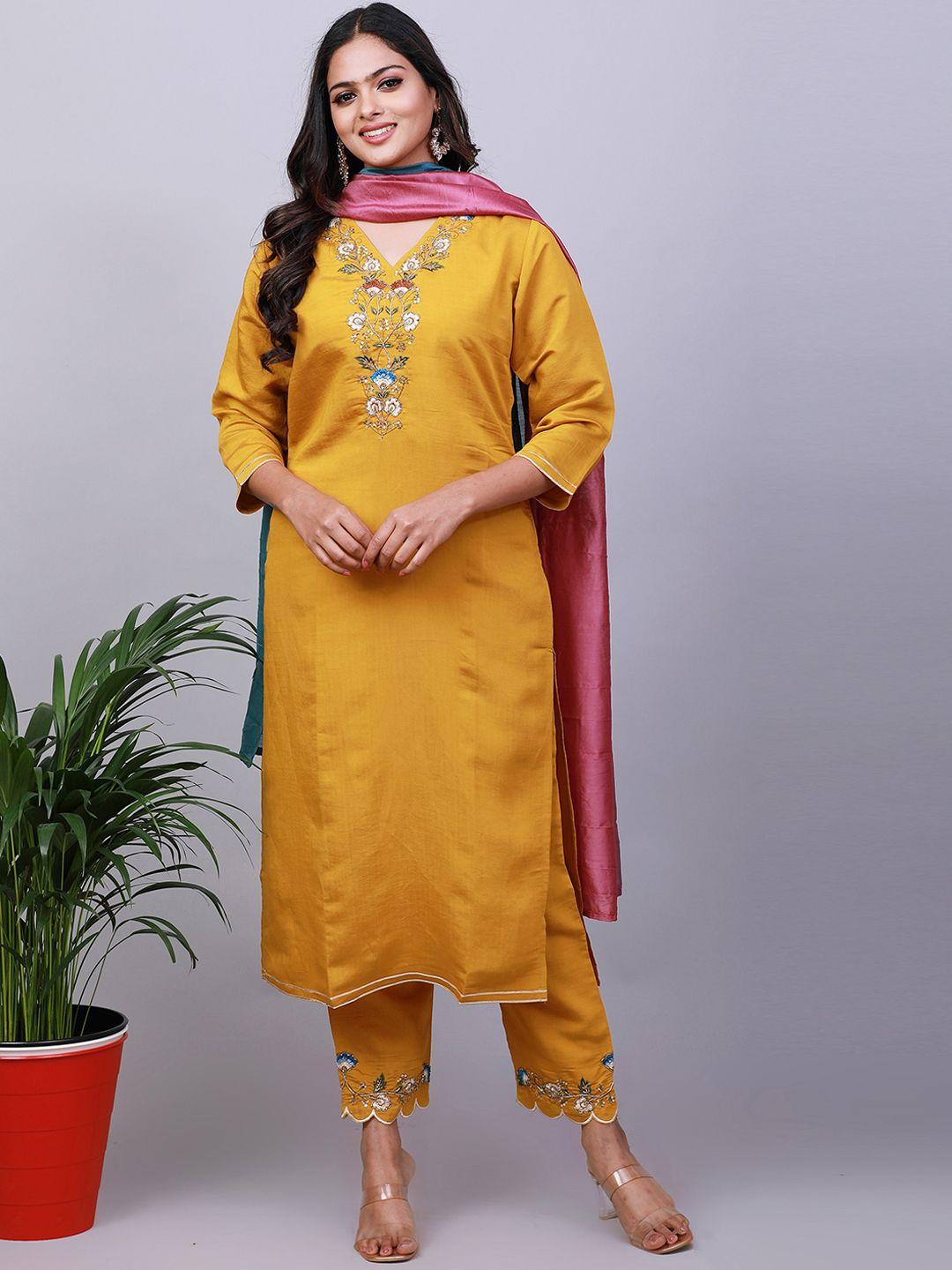 nayra floral thread work straight kurta with trousers & dupatta