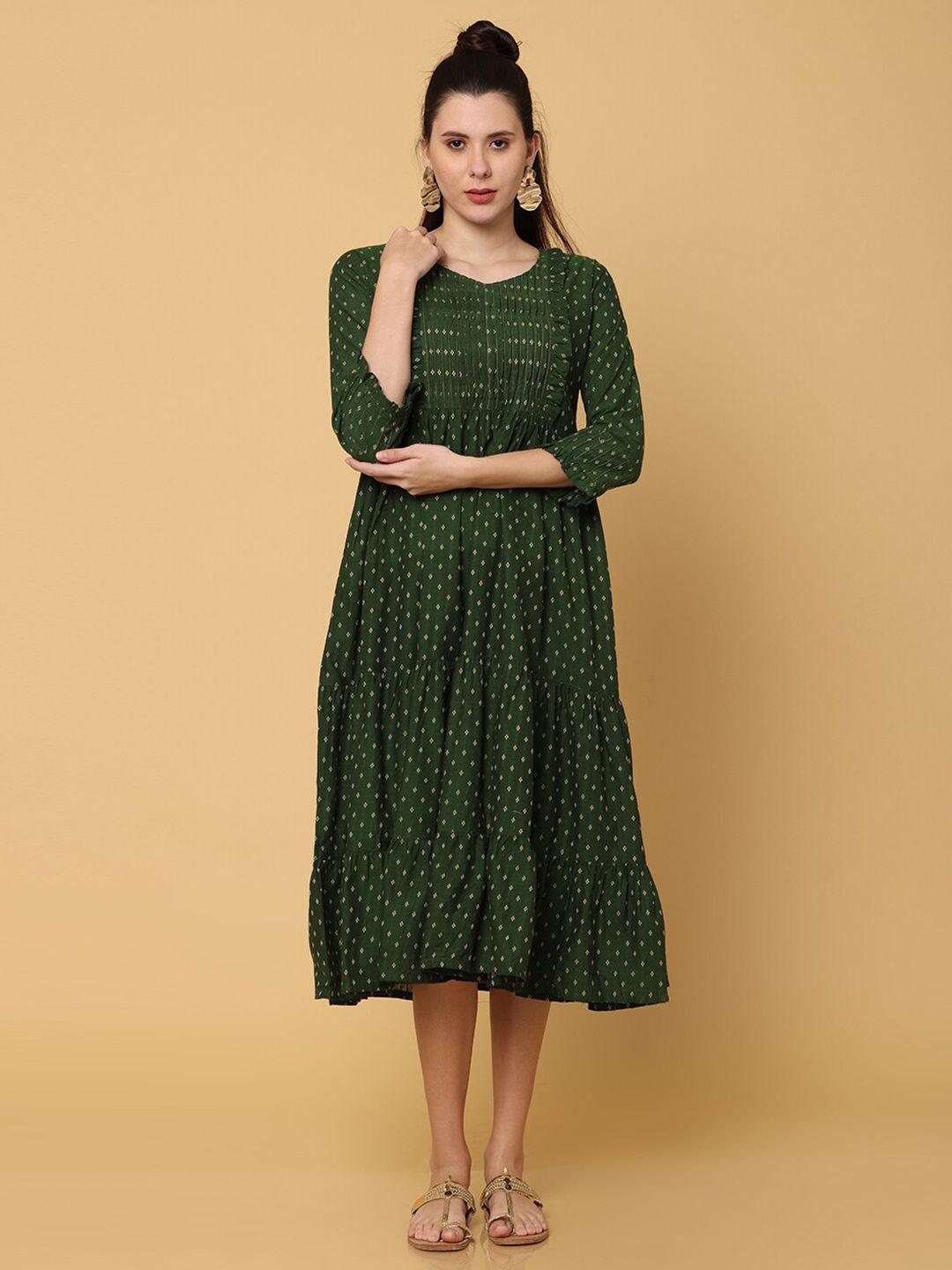 nayra green printed cotton a-line midi dress