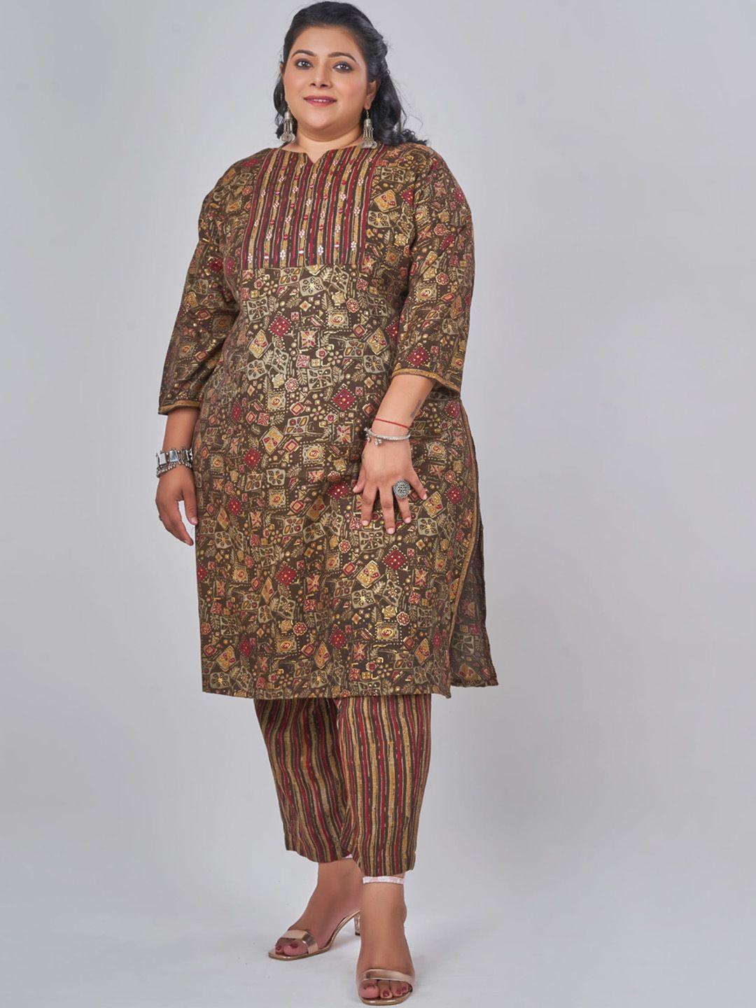 nayra plus size ethnic motifs printed mirror work kurta with trouser