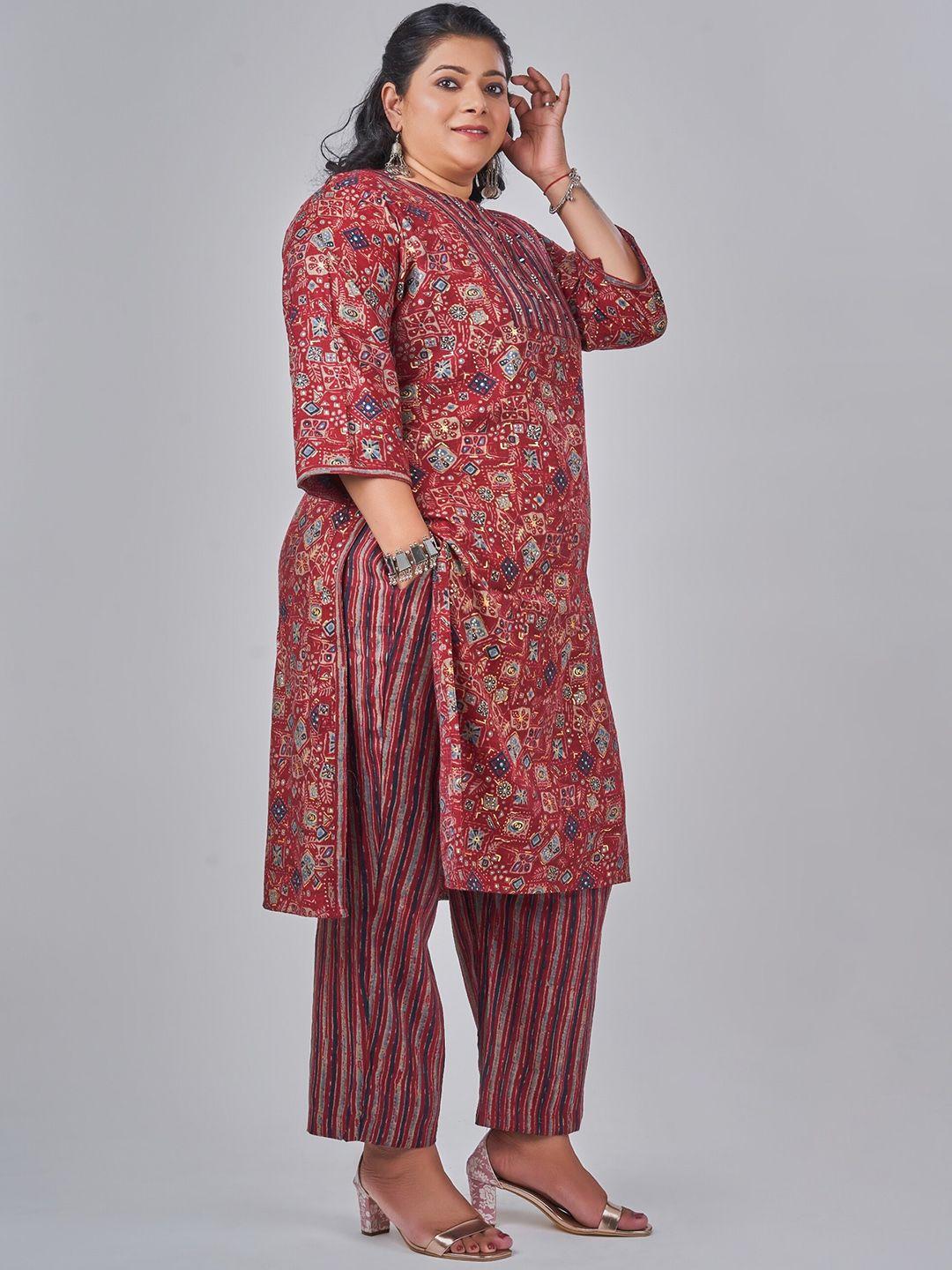 nayra plus size ethnic motifs printed mirror work kurta with trousers