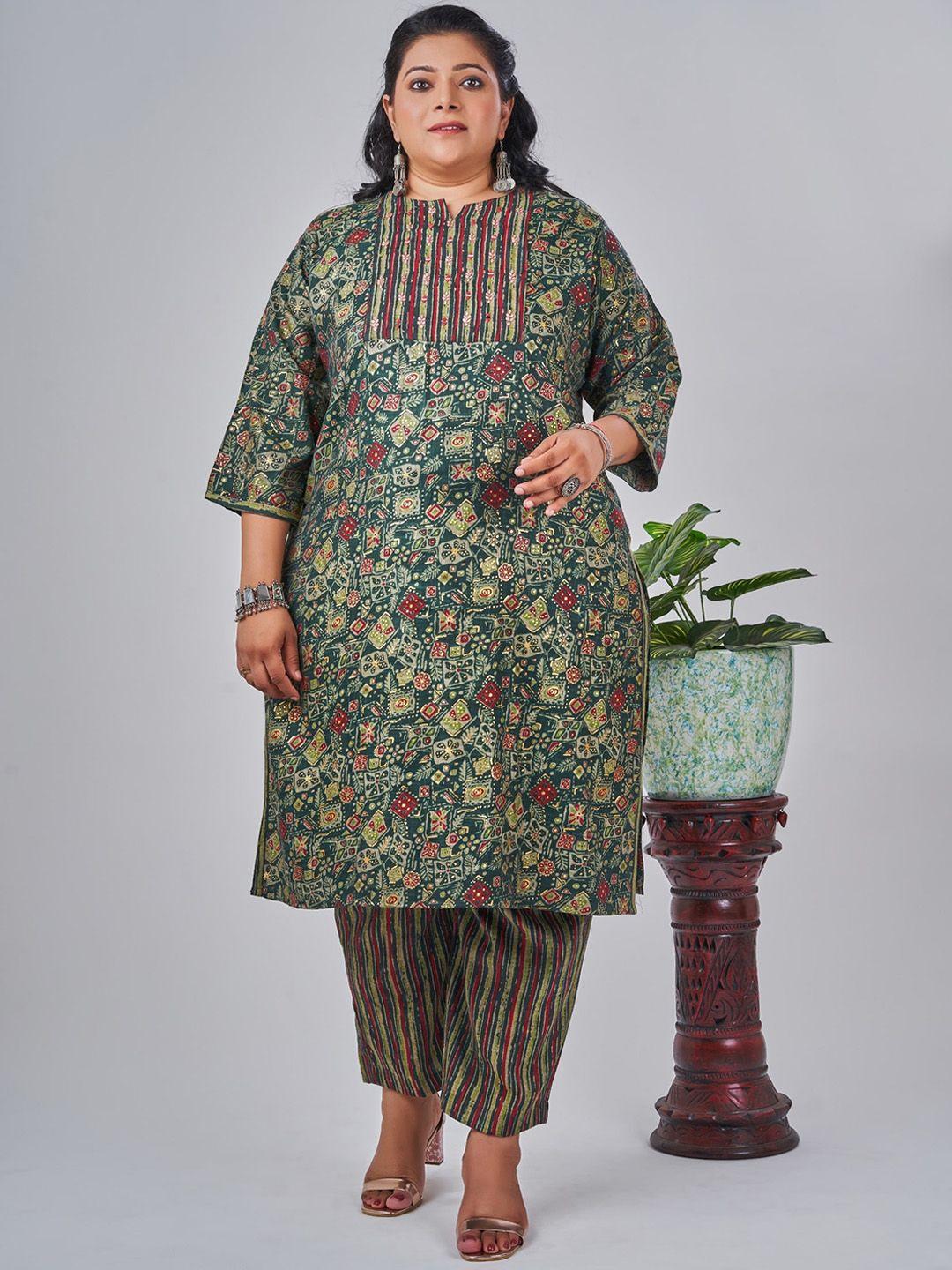 nayra plus size ethnic motifs printed regular kurta with trousers