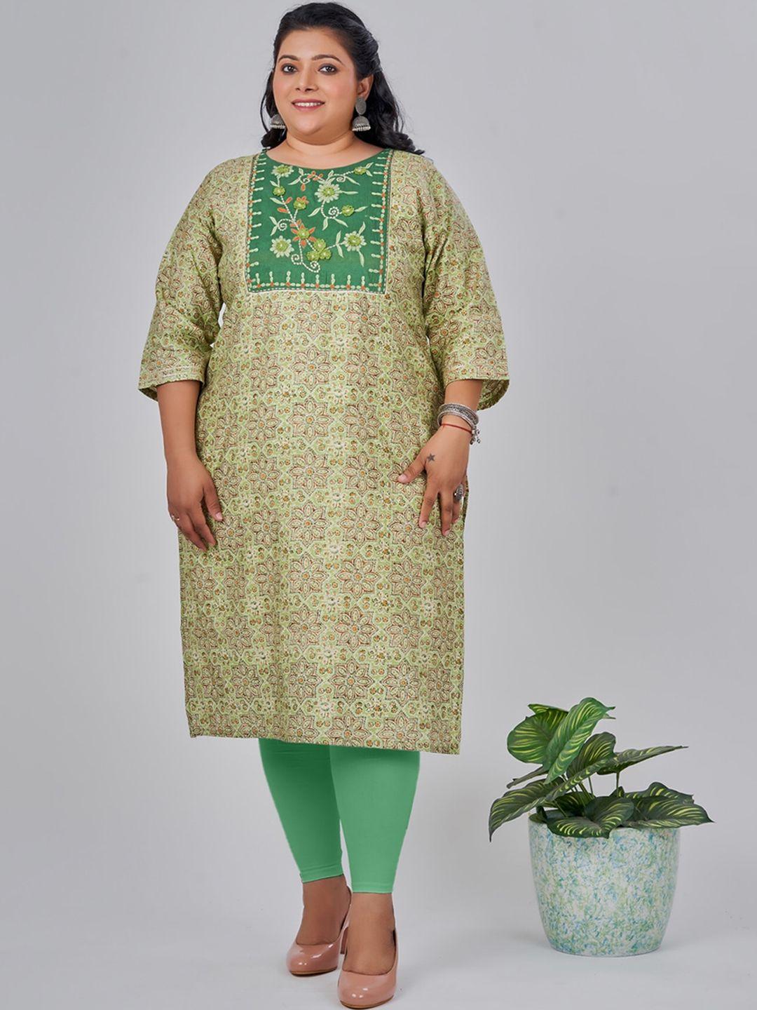 nayra plus size ethnic motifs printed thread work straight cotton kurta