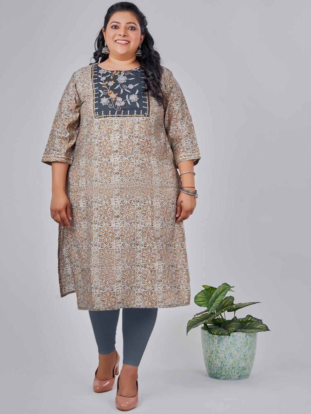 nayra plus size floral embroidered cotton straight kurta