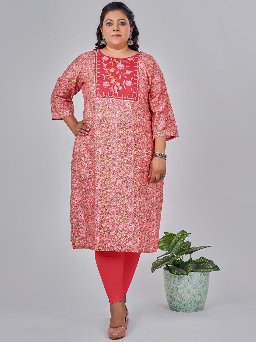 nayra plus size floral printed thread work straight kurta