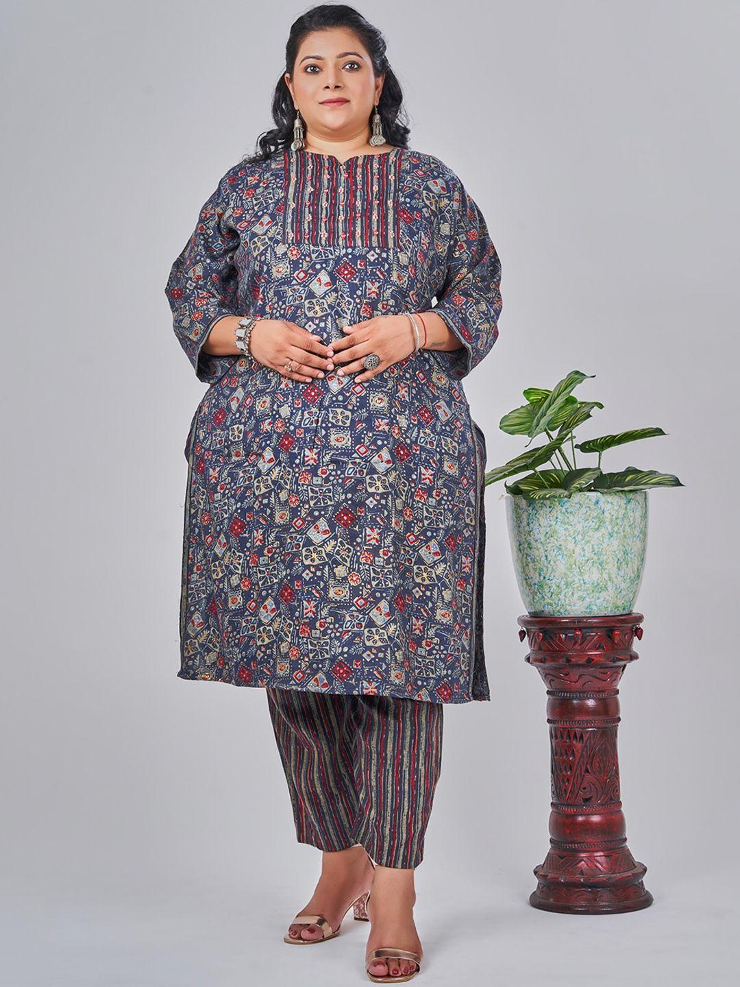 nayra plus size geometric printed mirror work kurta with trousers