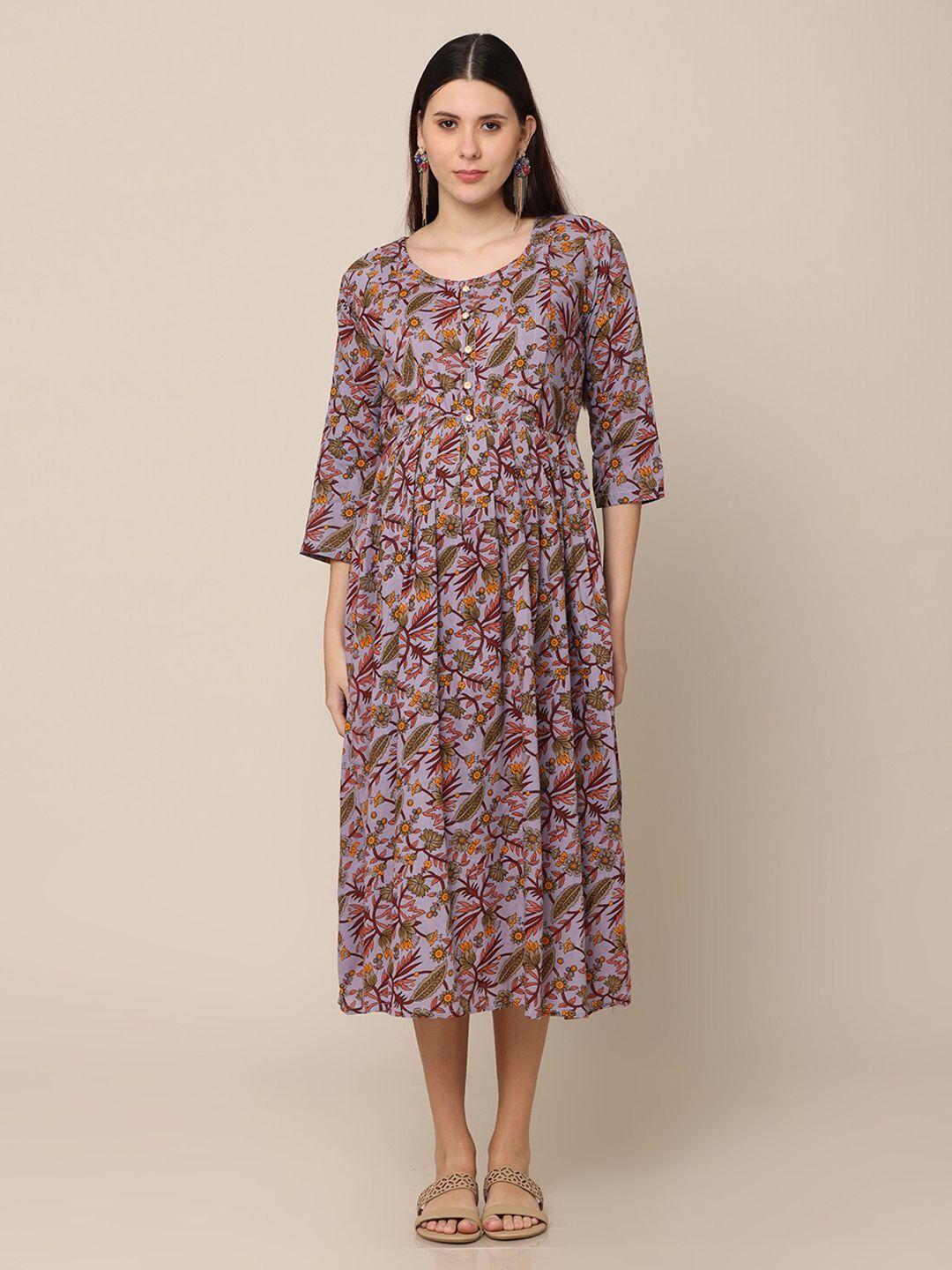 nayra purple & green cotton floral maternity midi dress