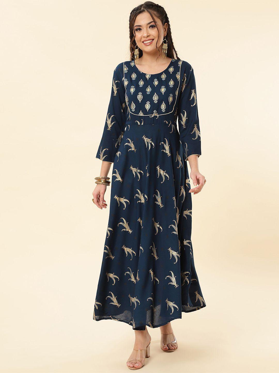 nayrah ethnic motifs printed round neck fit & flare maxi dress