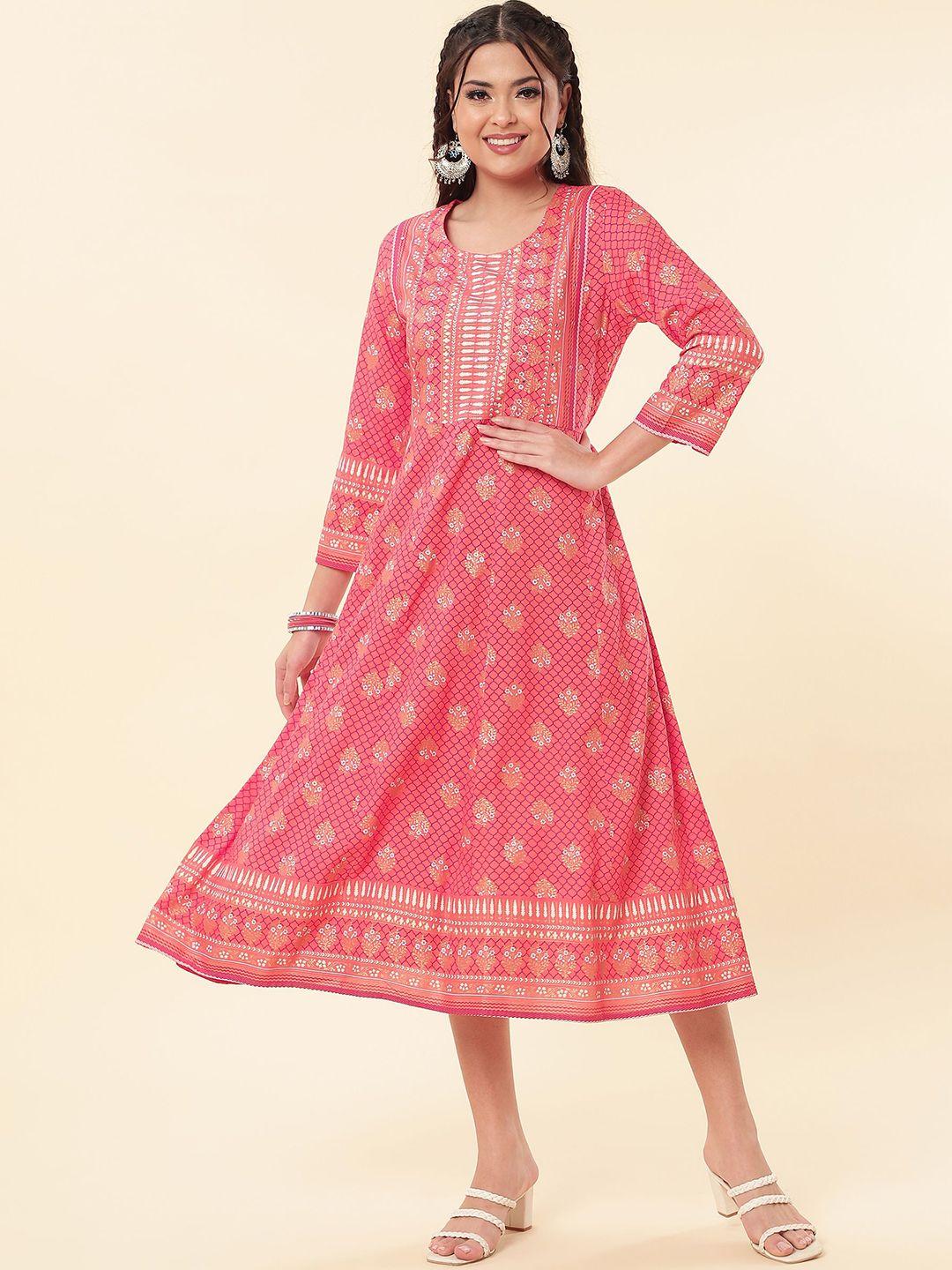 nayrah peach-coloured ethnic motifs a-line midi dress