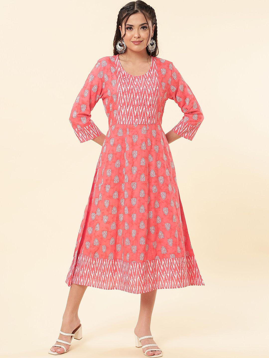 nayrah pink ethnic motifs a-line midi dress