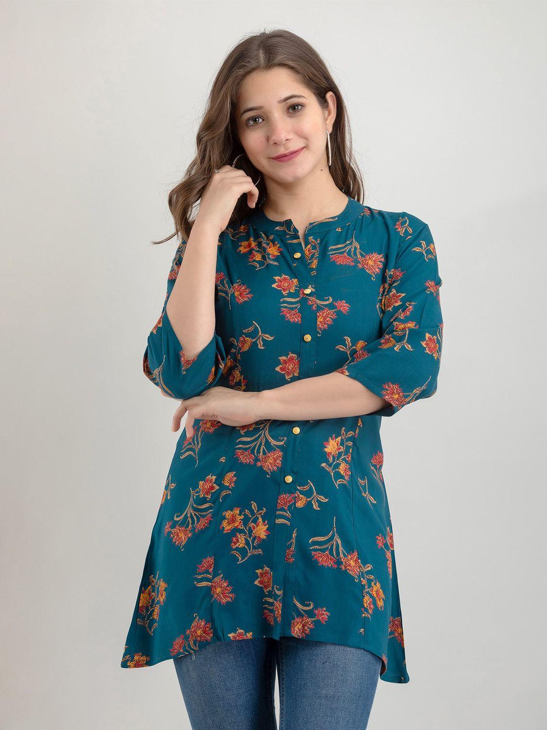 nayrah teal floral print mandarin collar shirt style top