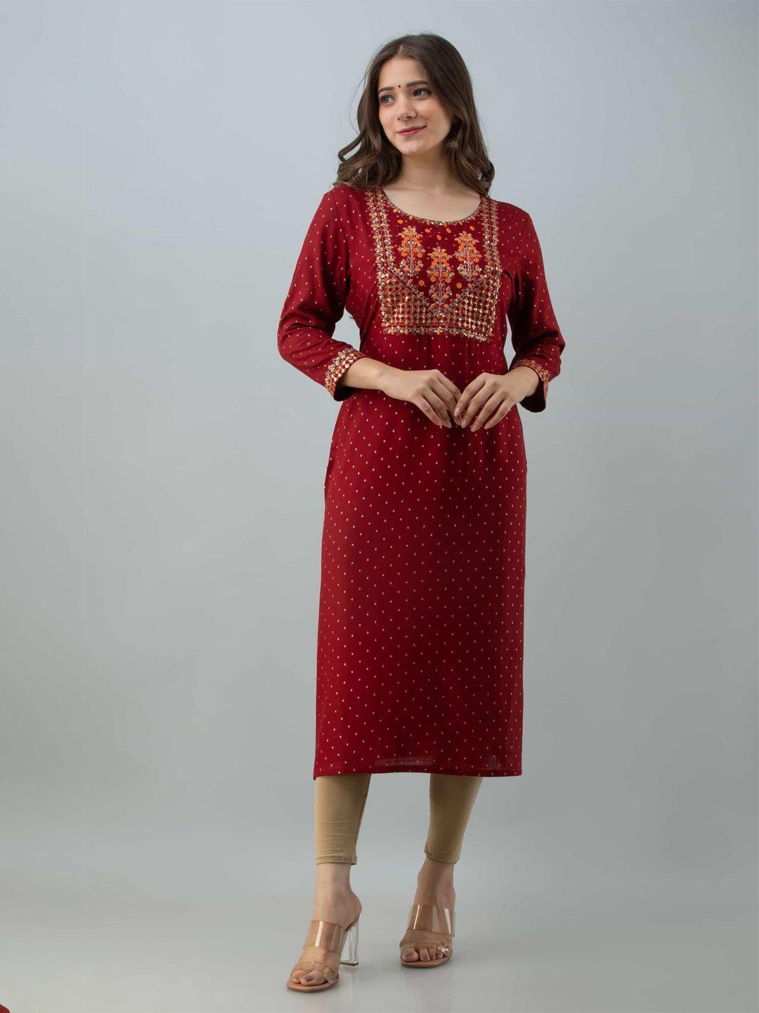 nayrah women maroon & orange ethnic motifs embroidered straight kurta