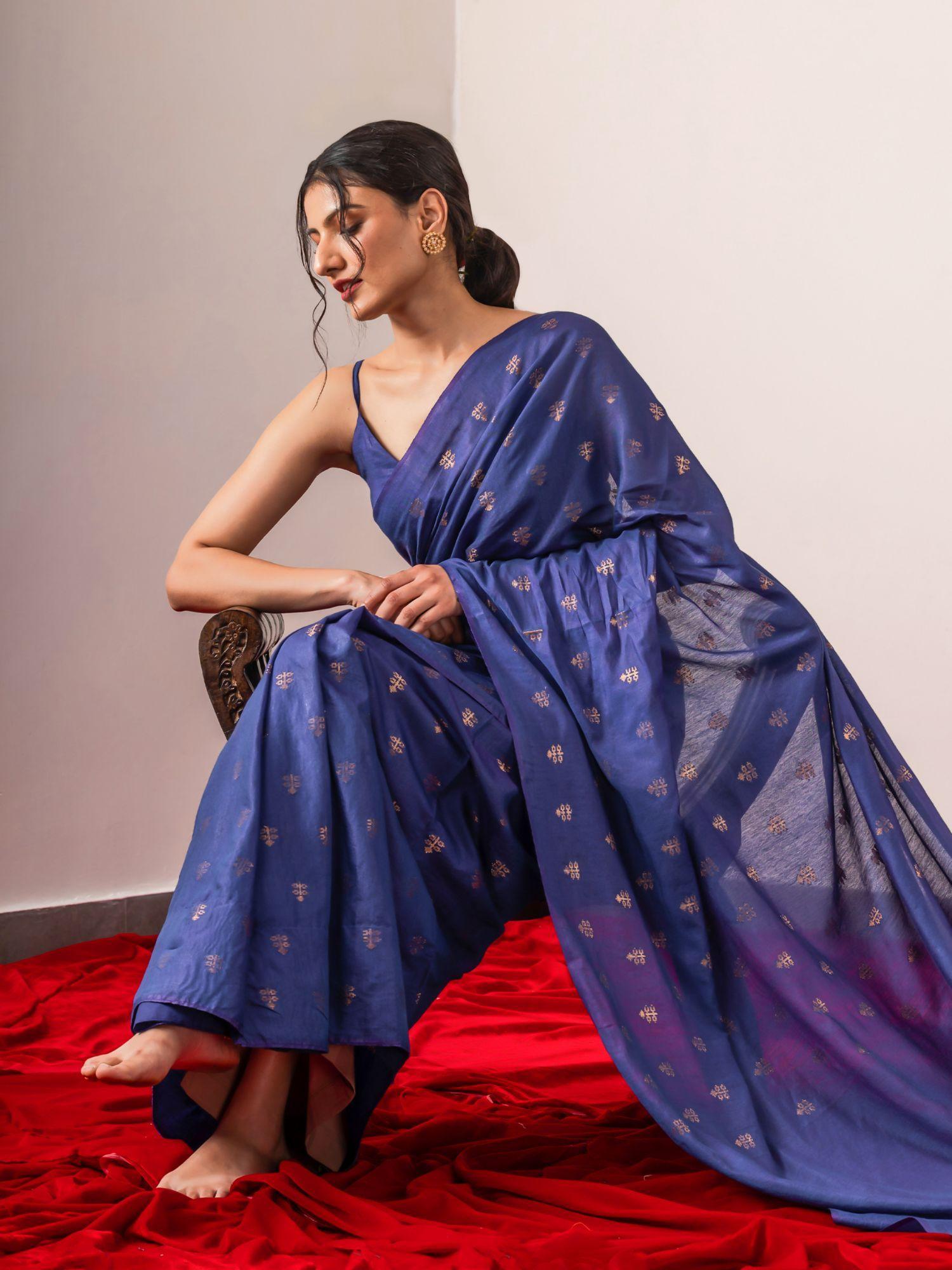 naz blue soft silk bhagalpur saree with unstitched blouse fabric