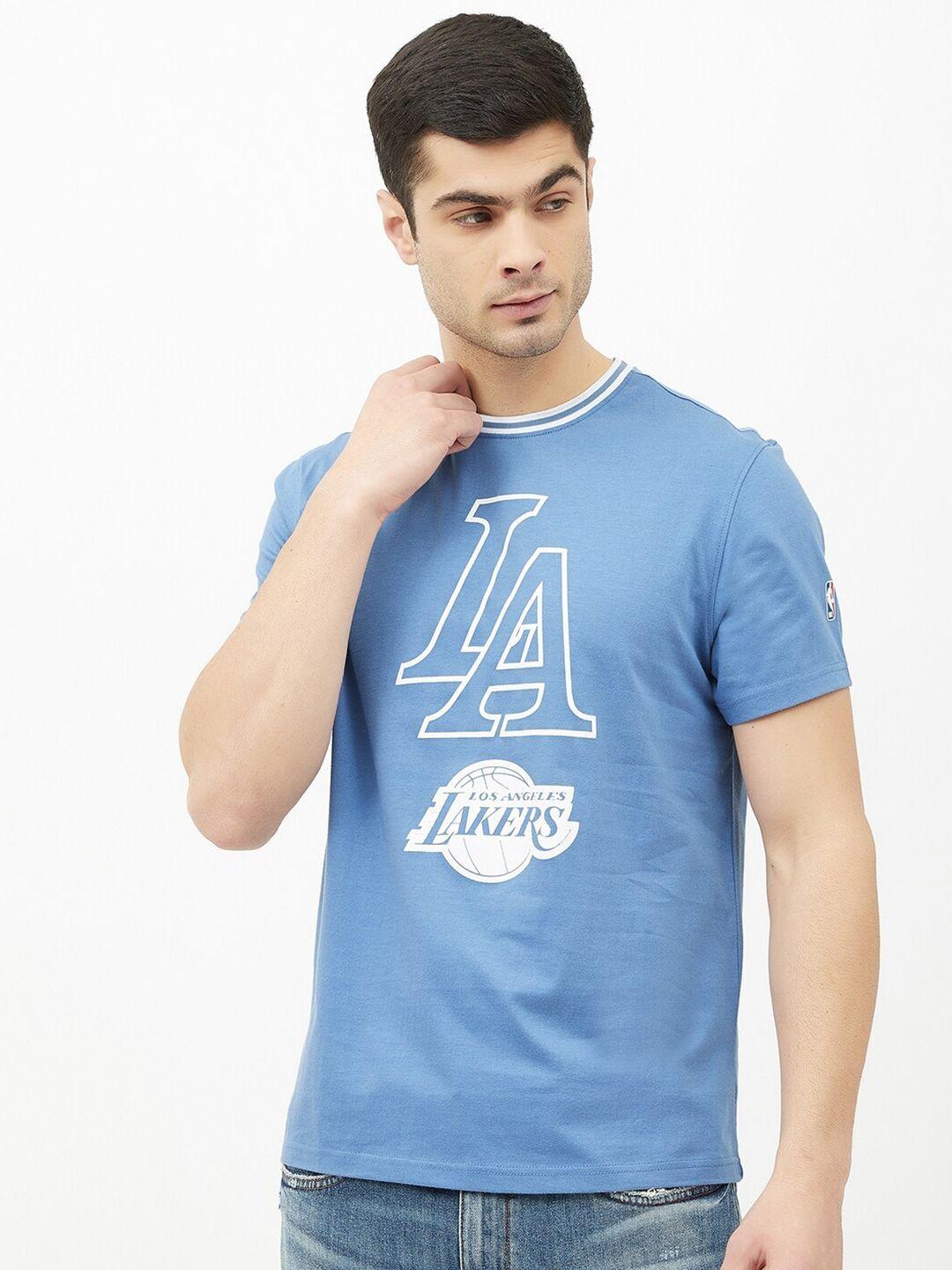 nba men blue typography los angeles lakers printed round neck cotton basketball t-shirt