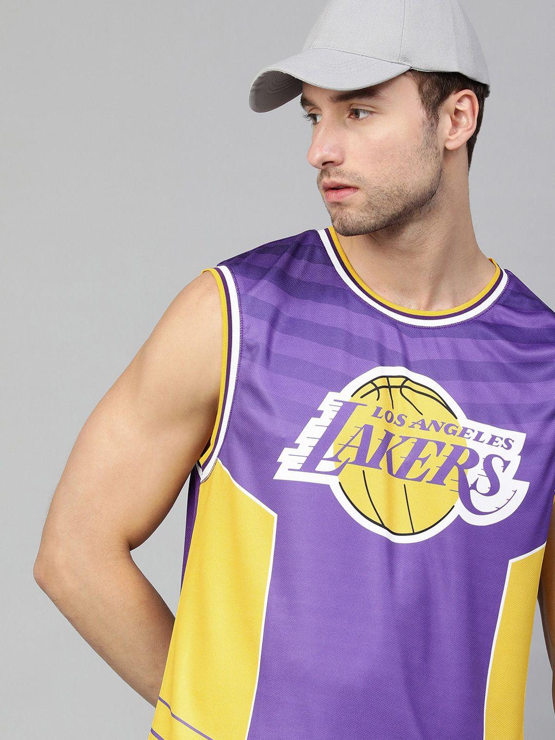 nba men purple & yellow brand logo los angeles lakers printed t-shirt