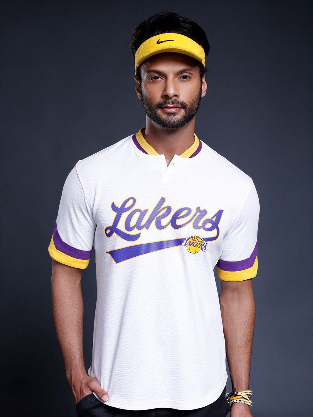 nba men white & blue typography los angeles lakers printed henley neck loose t-shirt