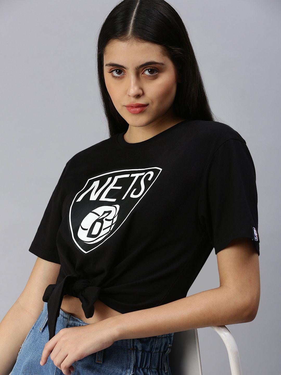 nba women black brooklyn nets classic crest tie-up printed cotton crop t-shirt