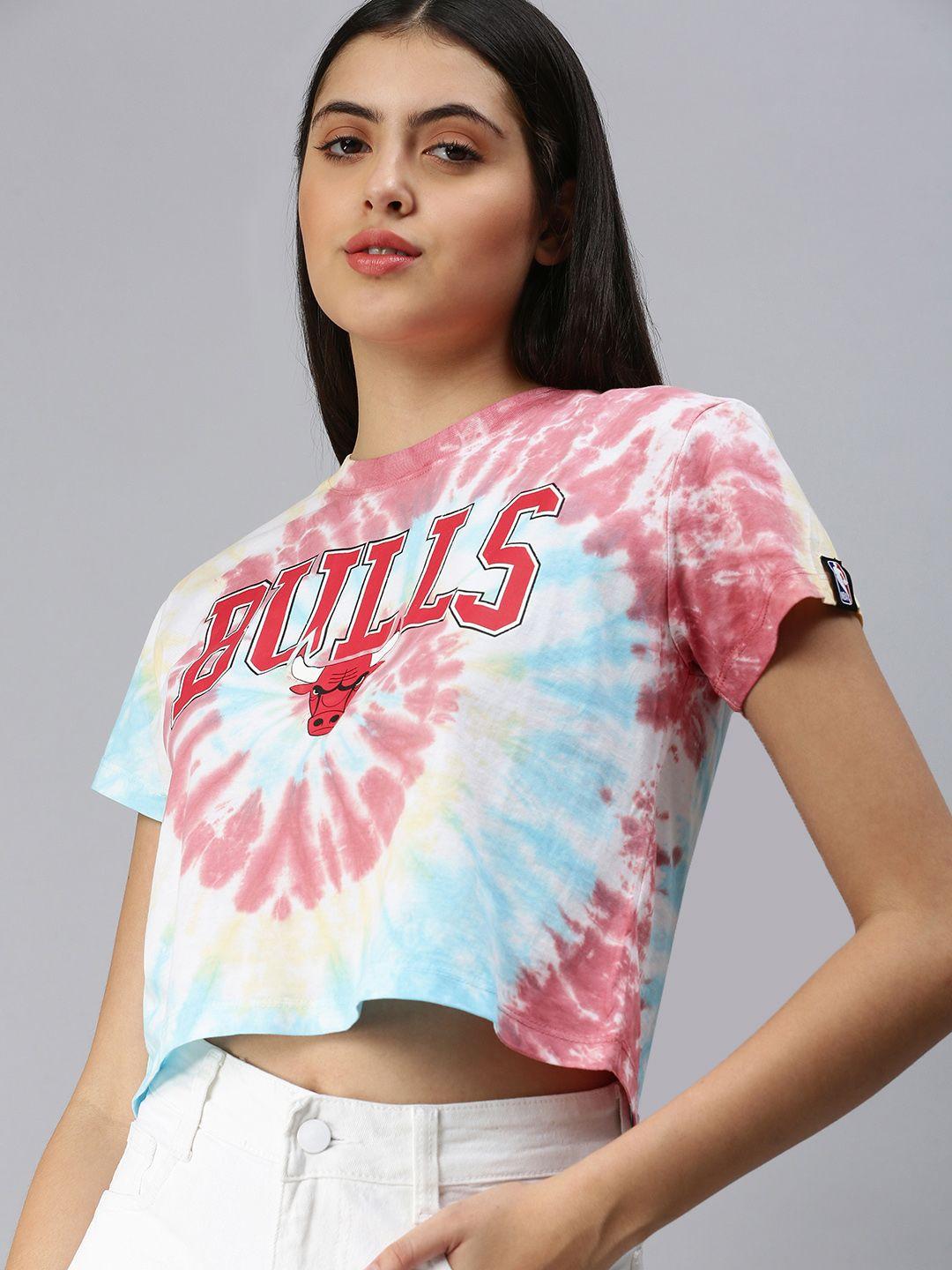 nba women pink & blue bulls tie & dye pure cotton crop t-shirt