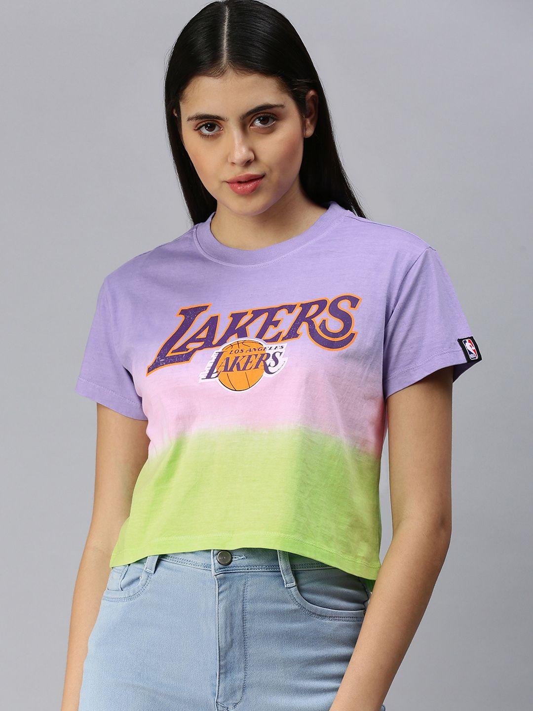 nba women purple & lime green los angeles lakers tie & dye pure cotton t-shirt