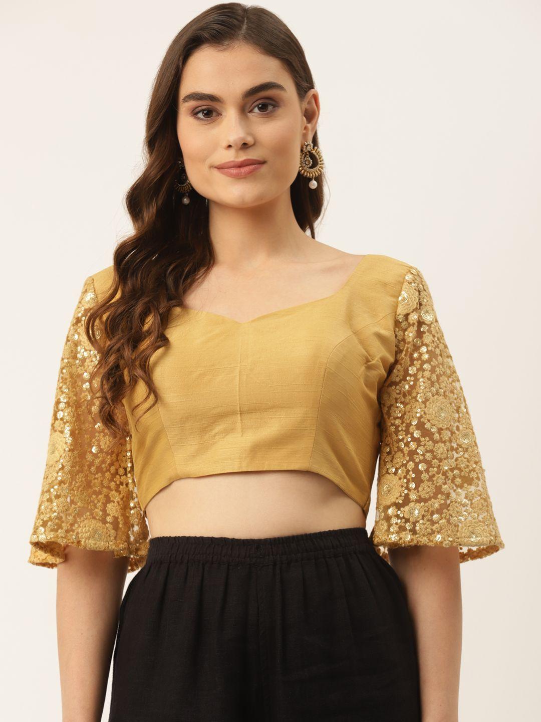 nds niharikaa designer studio mustard yellow solid flared sleeves padded saree blouse