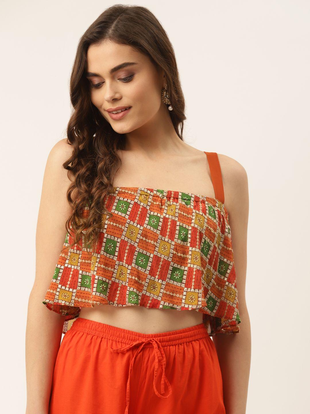 nds niharikaa designer studio orange & green bandhani print crop top