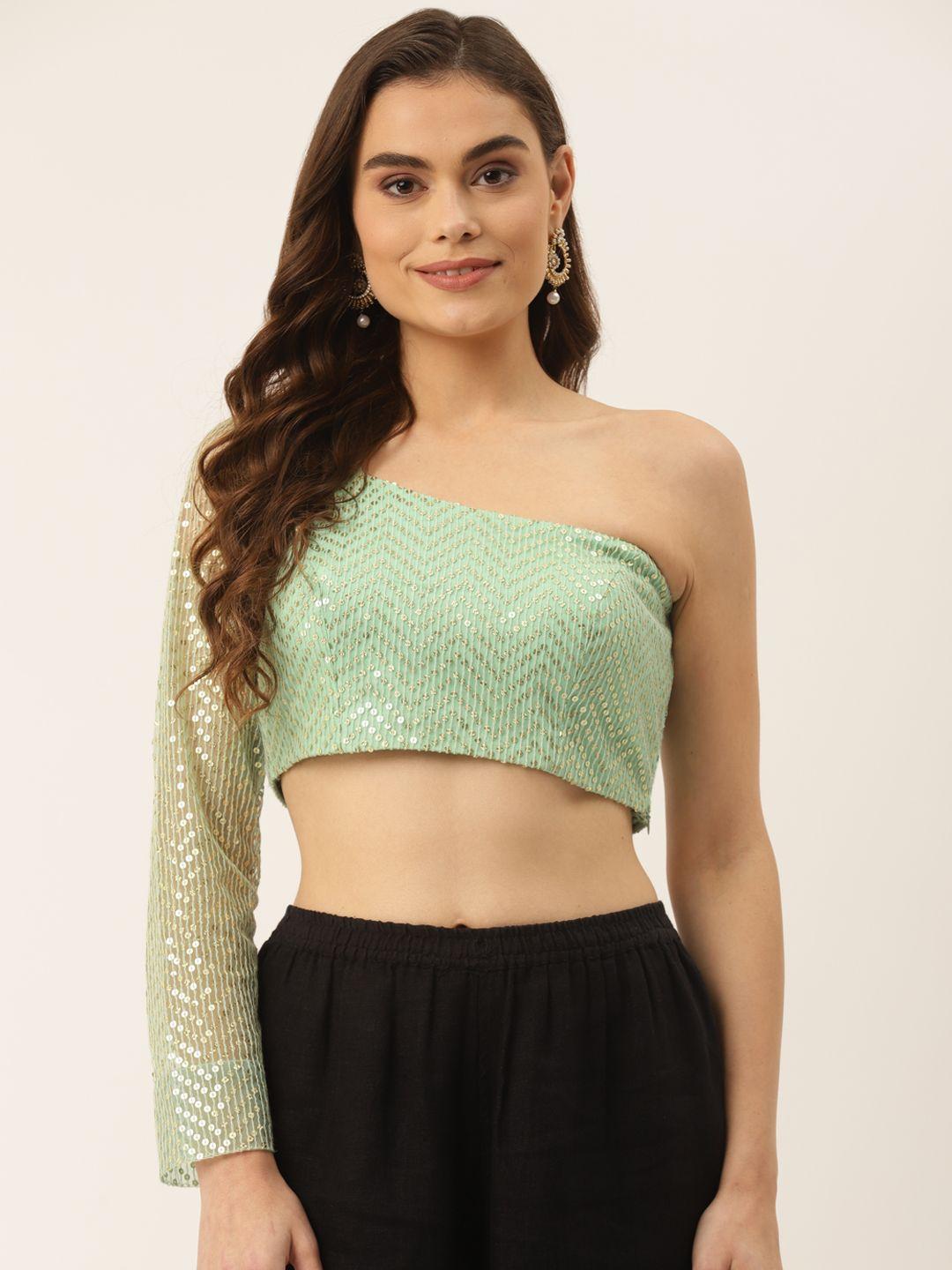 nds niharikaa designer studio women green & golden sequined one shoulder padded blouse