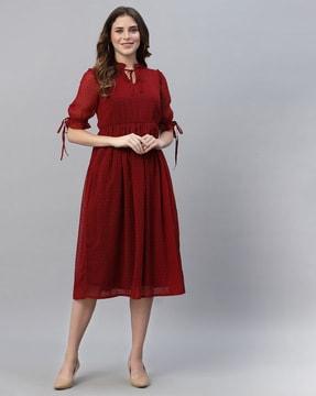 neck tie-up fit & flare dress