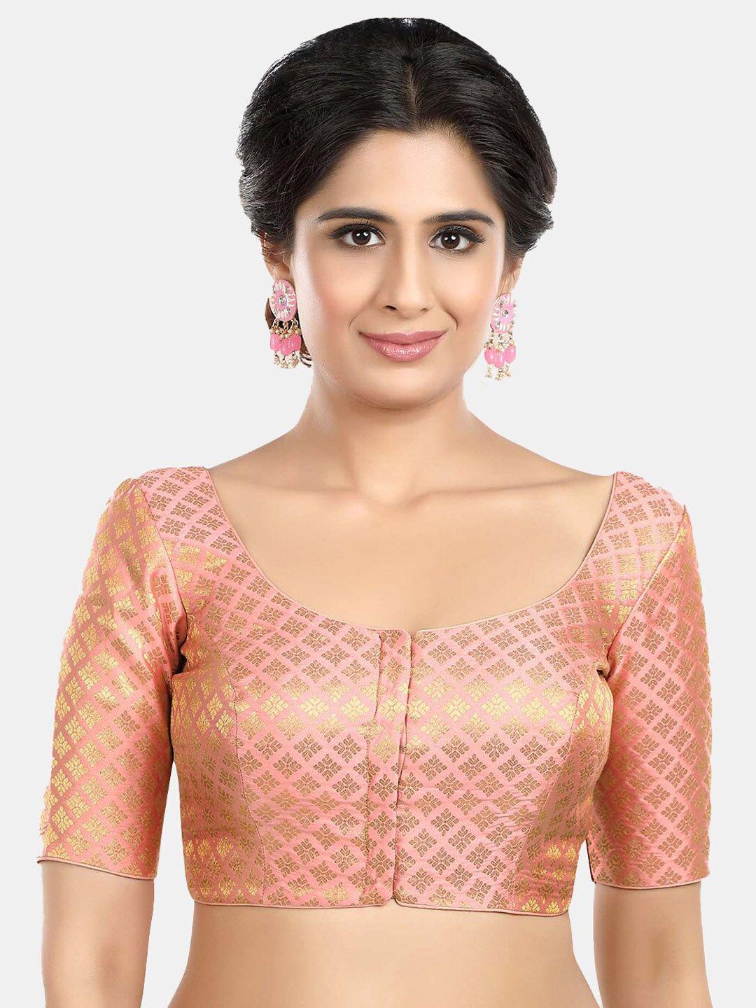 neckbook woven design round neck princess cut padded brocade readymade saree blouse