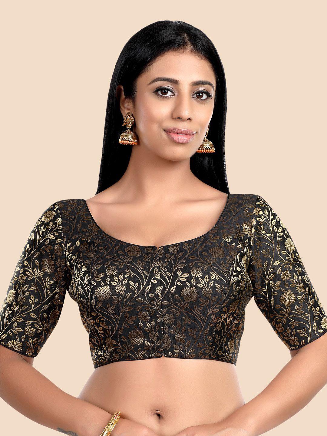 neckbook black & gold toned woven-design brocade saree blouse