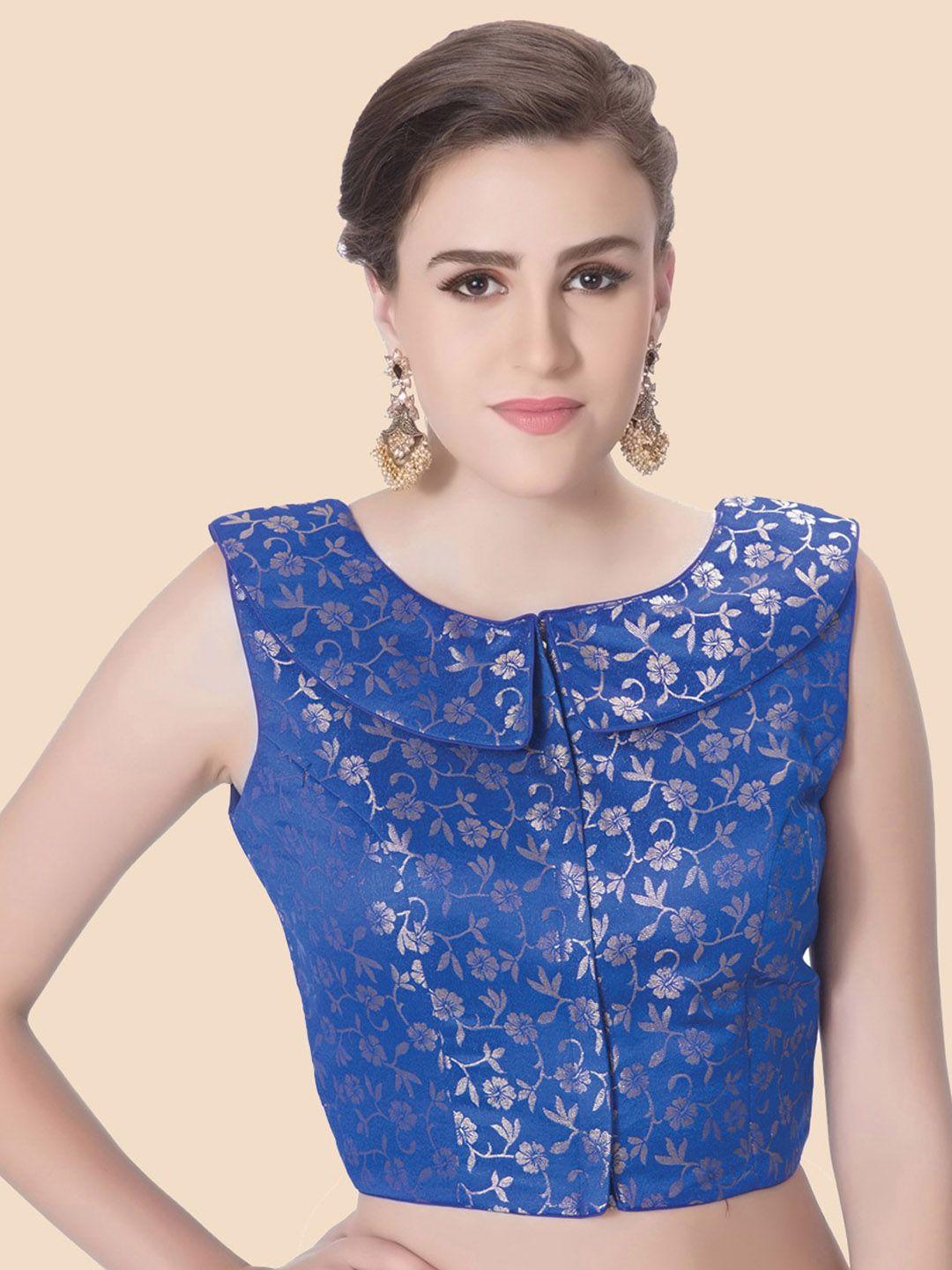 neckbook blue woven design brocade readymade saree blouse