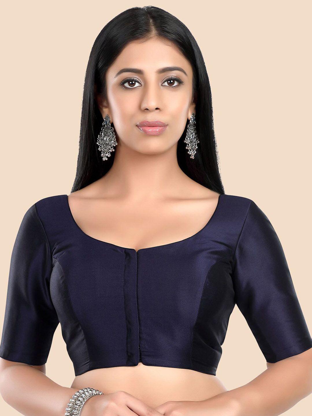 neckbook navy blue solid silk padded saree blouse