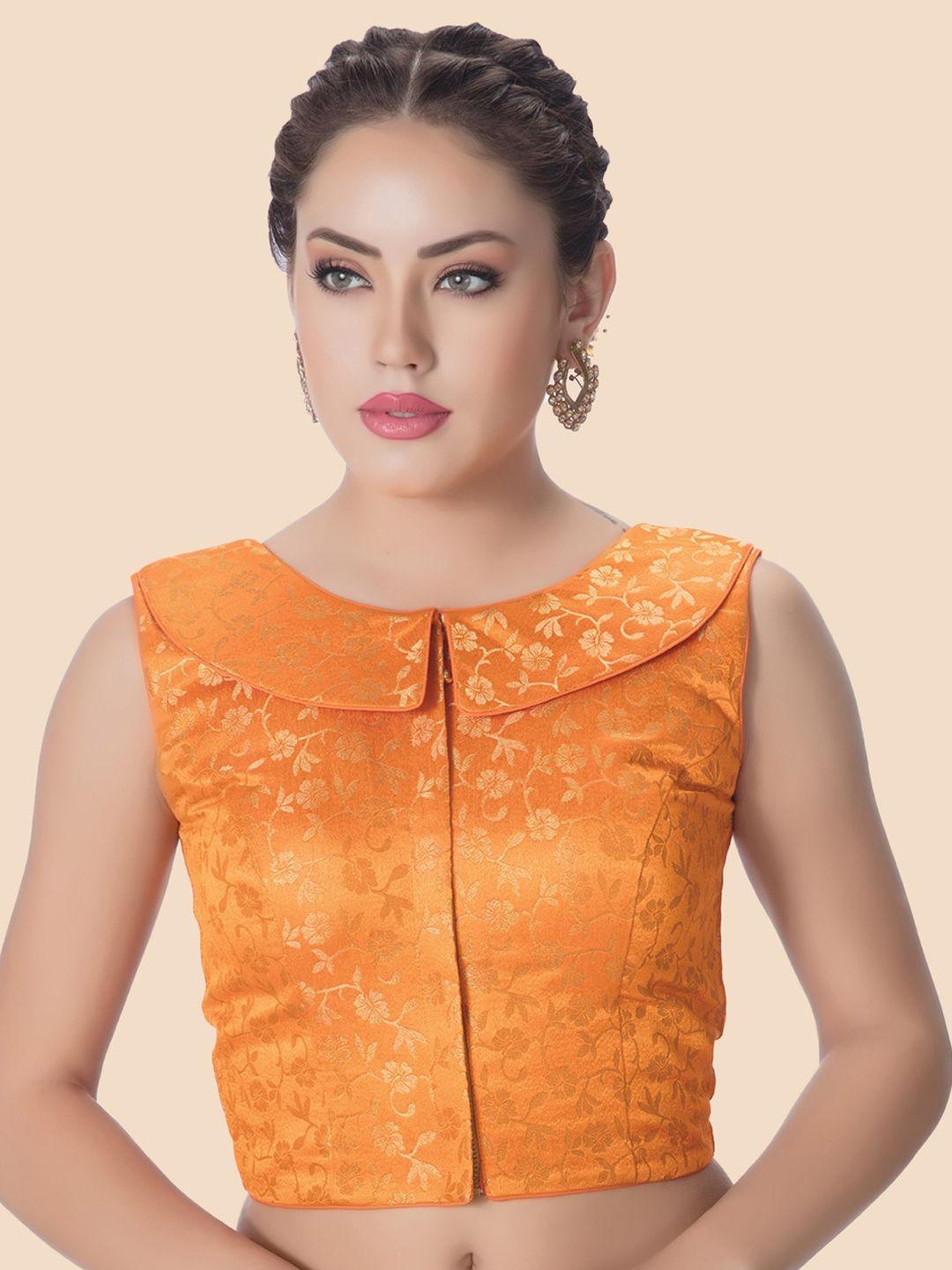 neckbook orange woven design padded readymade saree blouse