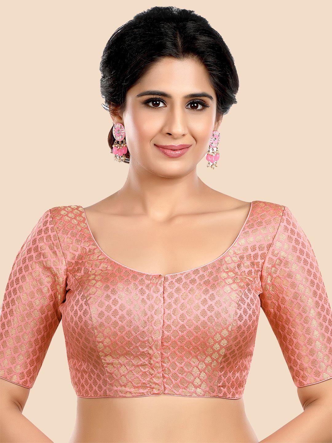 neckbook pink woven design brocade readymade saree blouse