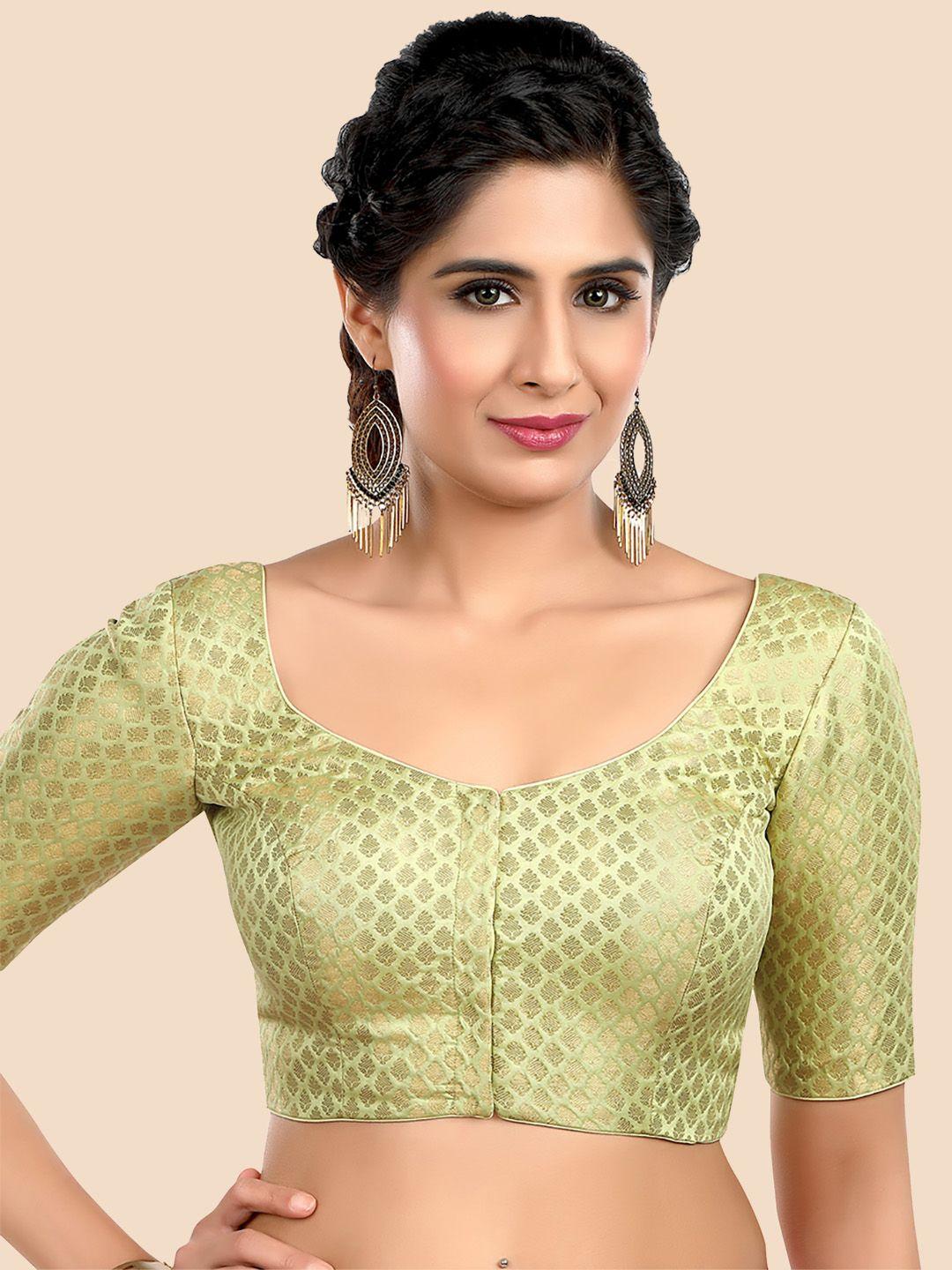 neckbook pista green & gold woven design padded readymade saree blouse