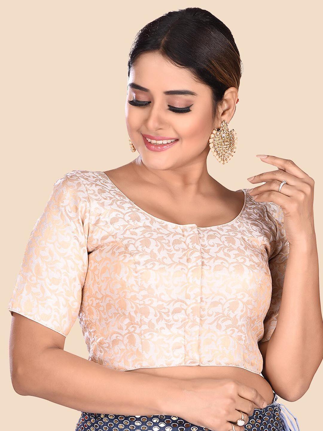 neckbook women cream woven design padded readymade saree blouse