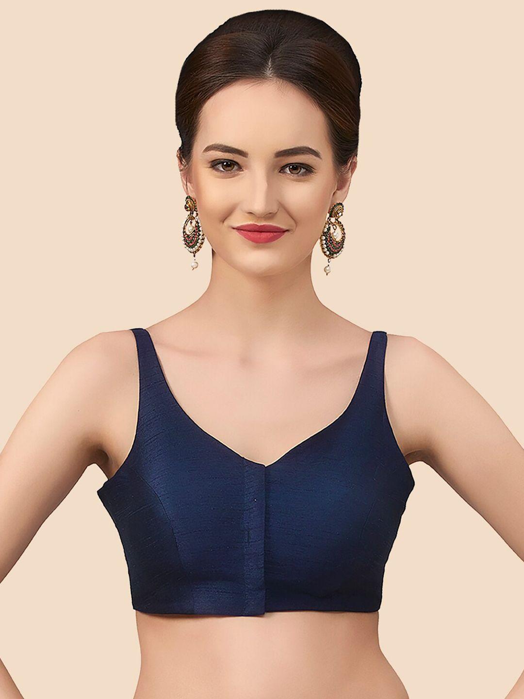 neckbook women navy blue solid silk v neck  saree blouse