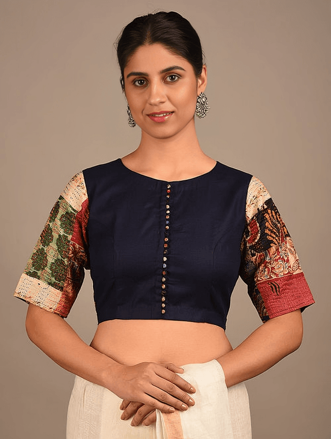 neel: navy blue kantha patchwork blouse for saree