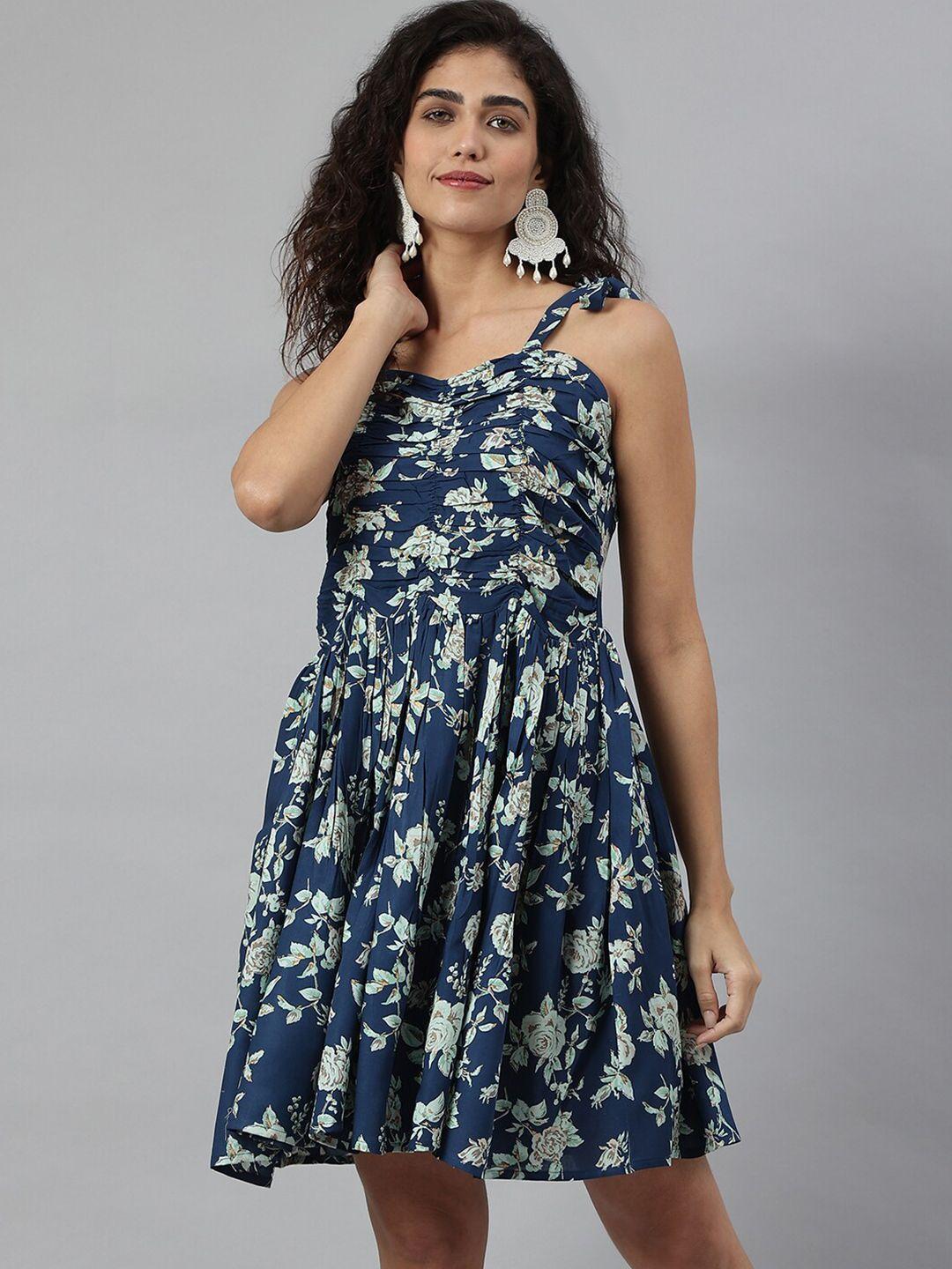 neemiya blue floral print fit & flare dress