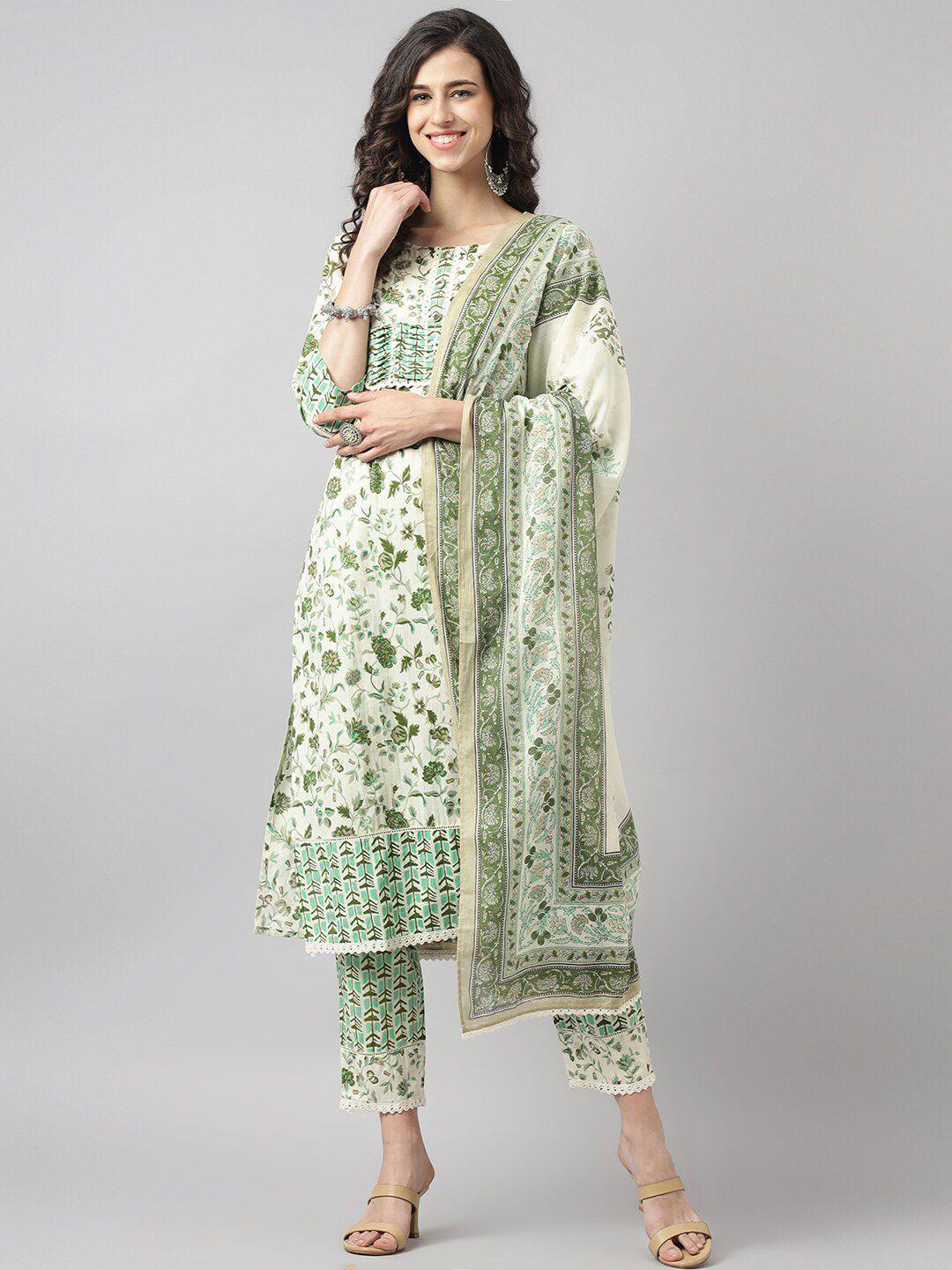 neemiya floral printed sequinned pure cotton kurta with trousers & dupatta