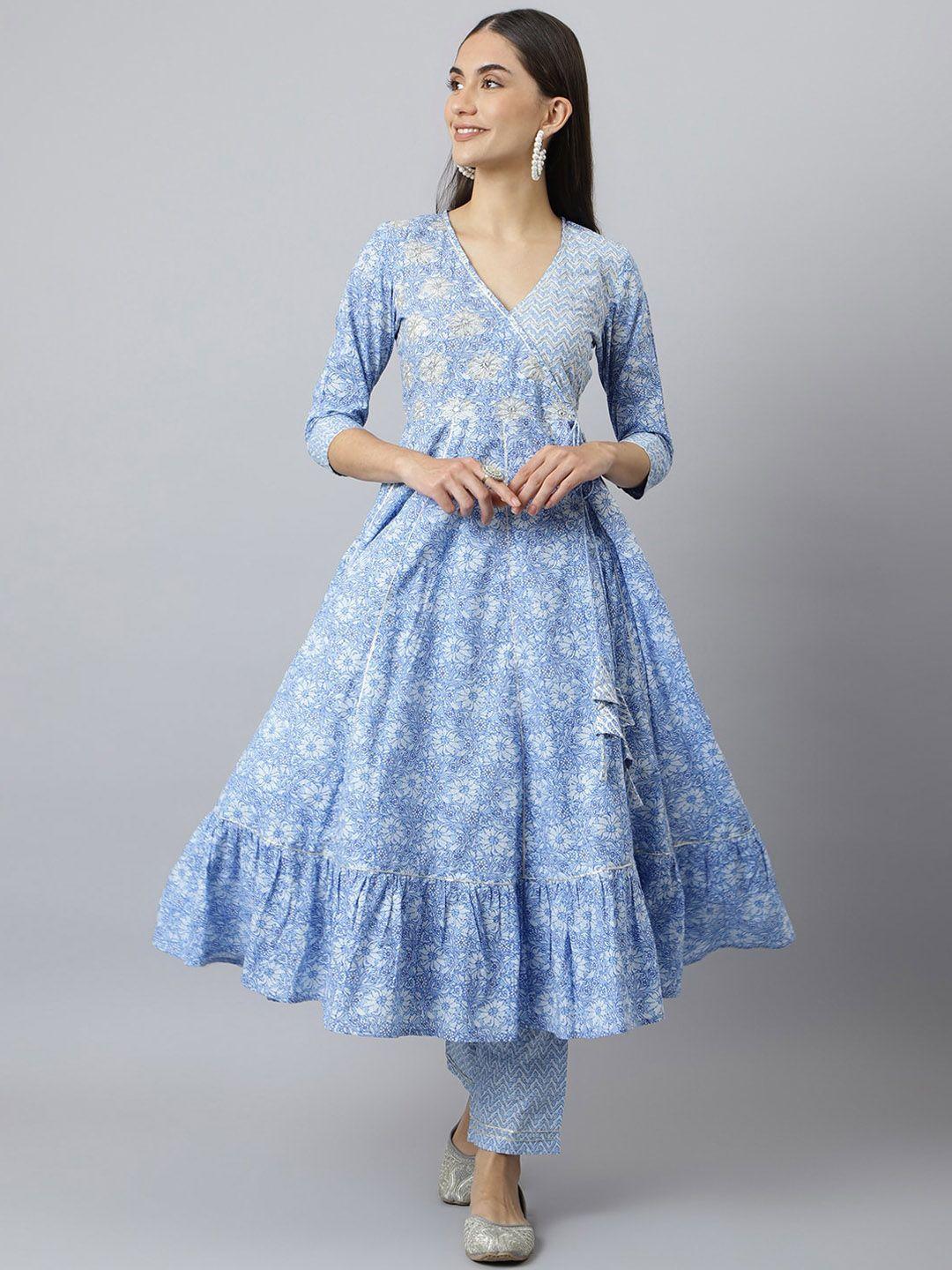 neemiya women blue floral printed tiered pure cotton kurta with trousers & with dupatta