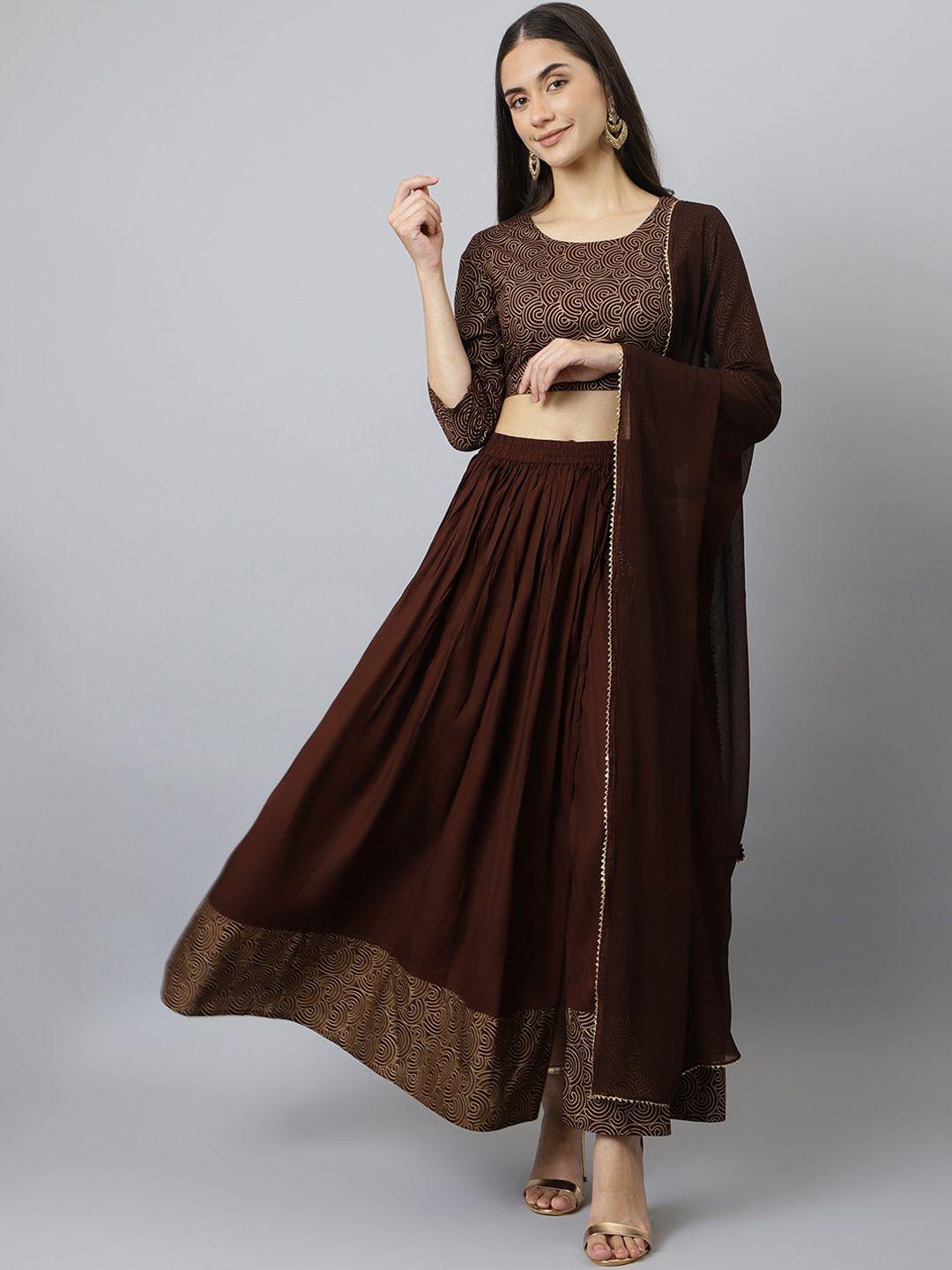 neemiya women brown abstract print top and skirt with dupatta