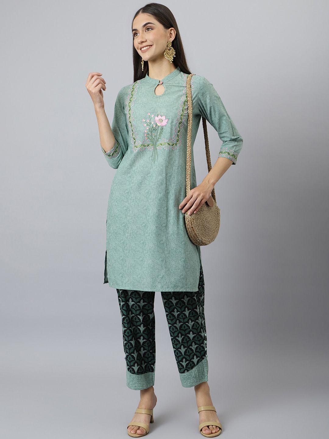 neemiya women green floral embroidered pure cotton kurti with trousers
