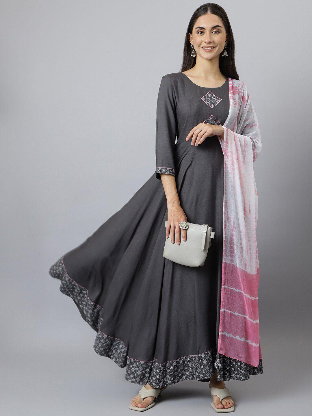 neemiya women grey rayon anarkali kurta with dupatta