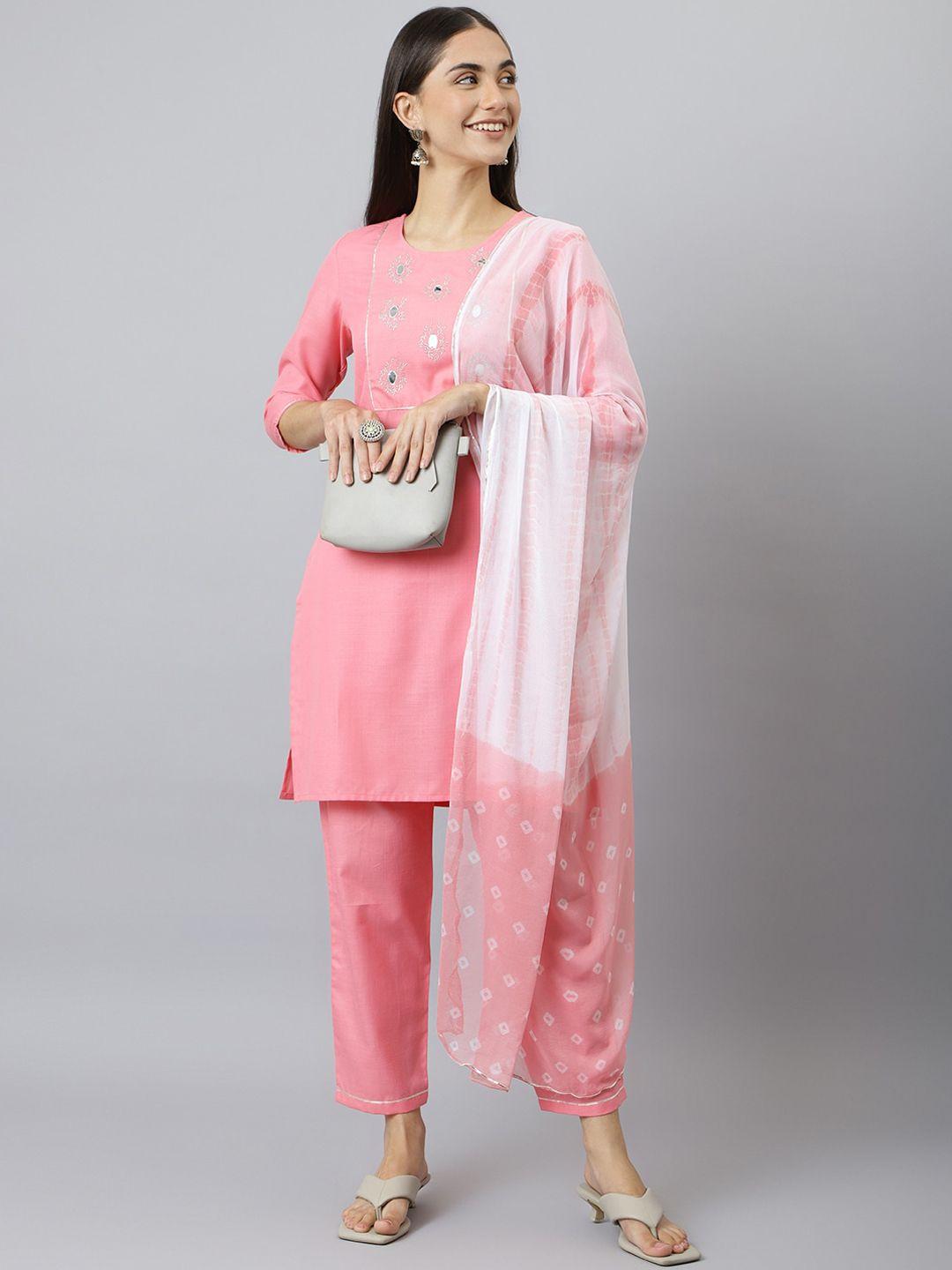 neemiya women pink yoke design kurti with trousers & with dupatta