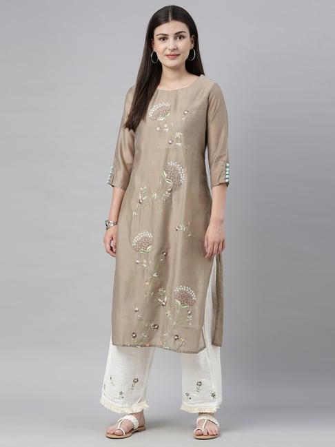 neeru's beige & off white embroidered kurta & palazzo set