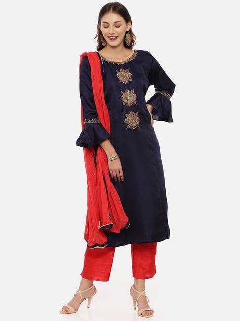 neeru's blue & red embellished kurta with palazzo & dupatta