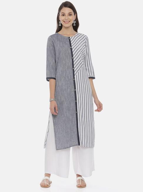 neeru's grey striped straight kurta